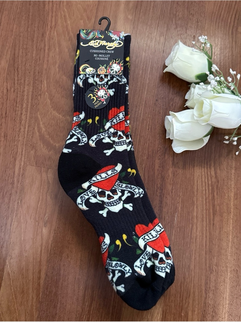 Ed Hardy Black Crew Socks with Red Heart & White Skull Motif